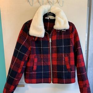 NWOT, by Divided, moto inspired short jacket, mohair feel, faux shearling collar